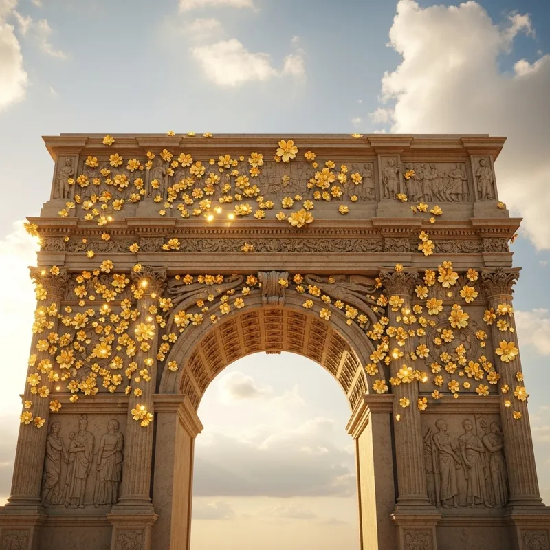 Majestic Roman Arch with Gold Flowers & Beautiful Clouds