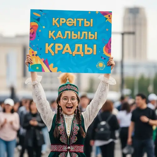 Enthusiastic Kazakh Girl Promoting with Colorful Sign in Urban Setting