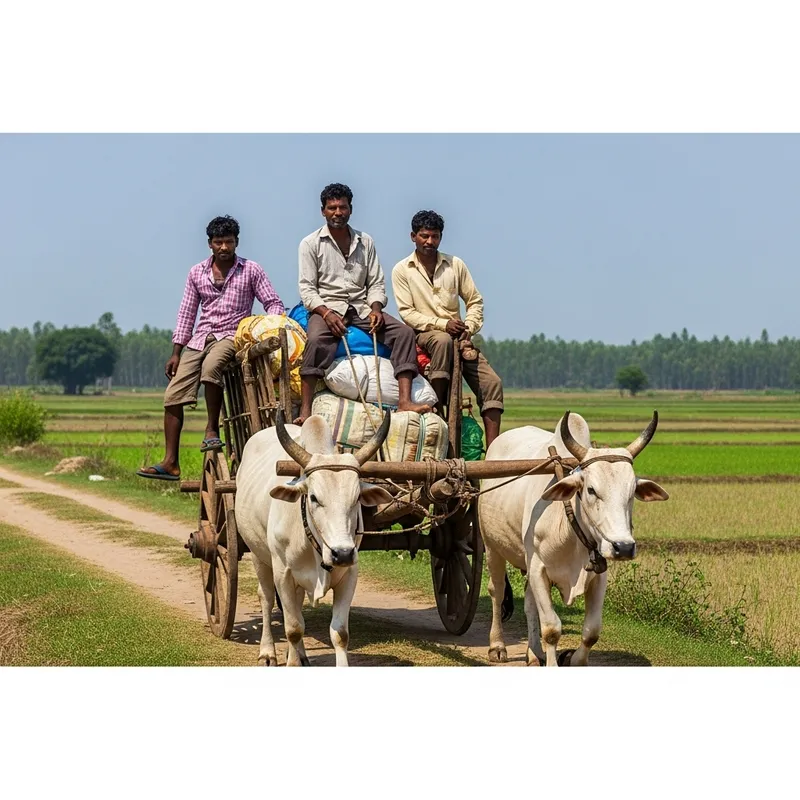 Three Indian Men Riding Bull Cart Through Rural Setting