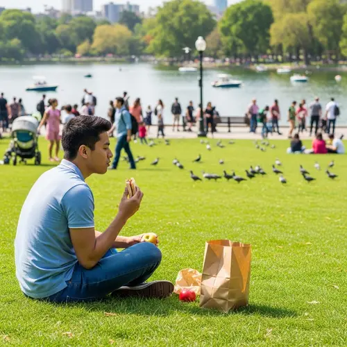 Serene Park Scene with Green Grass, Lake, and Lunch Enjoyment