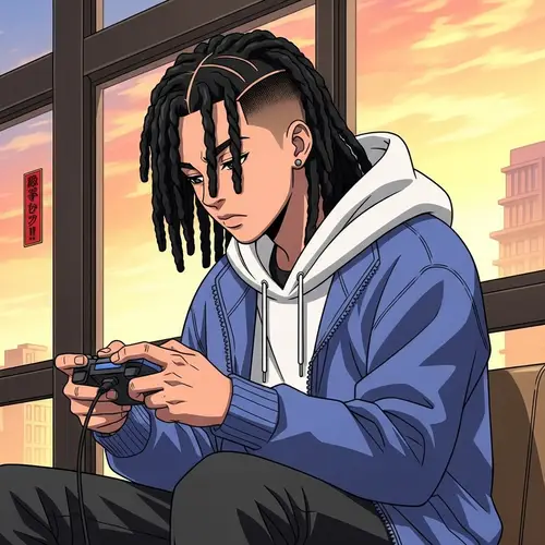 Tall Latino Boy with Long Twists Hair Playing Video Games in Anime Art Style