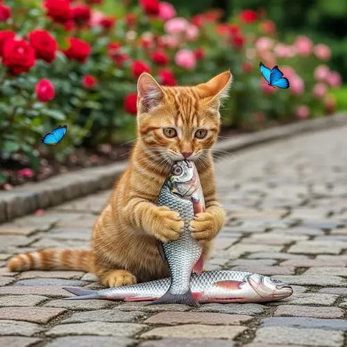 Tabby Cat Enjoying Fish Meal on Cobblestone Path