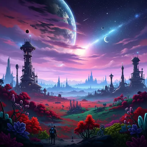 Alien World with Vibrant Colors and Fantasy Towers