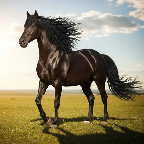 Majestic Black Stallion Horse in Open Field - Strength and Beauty