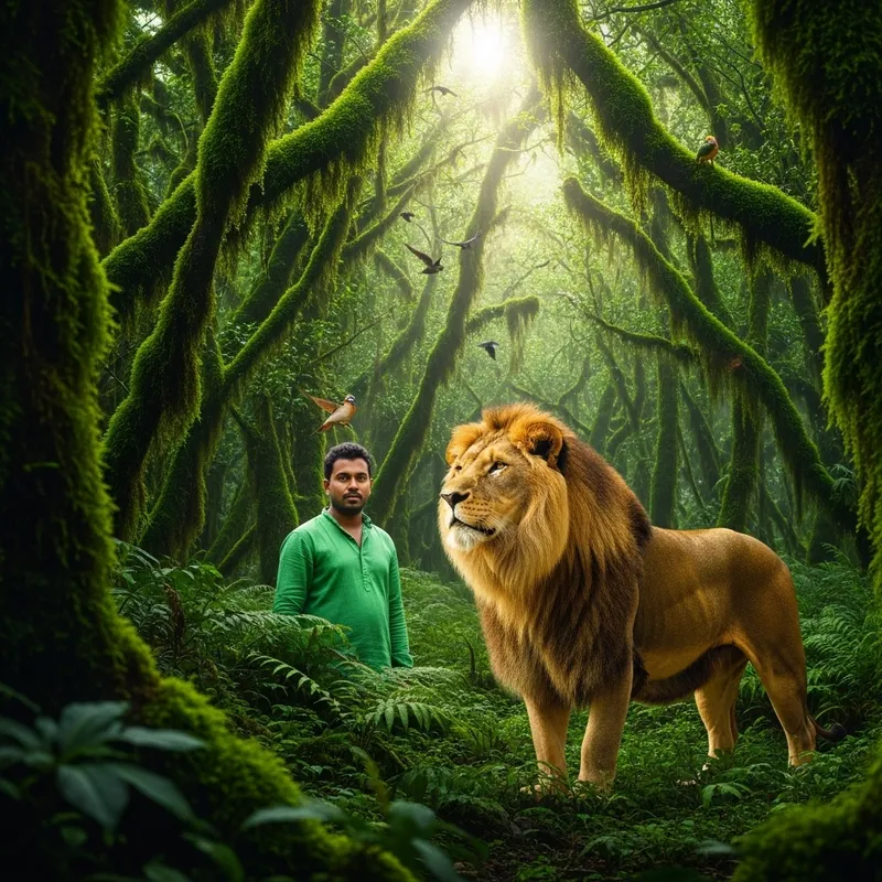 Man Encounter with Majestic Lion in Jungle