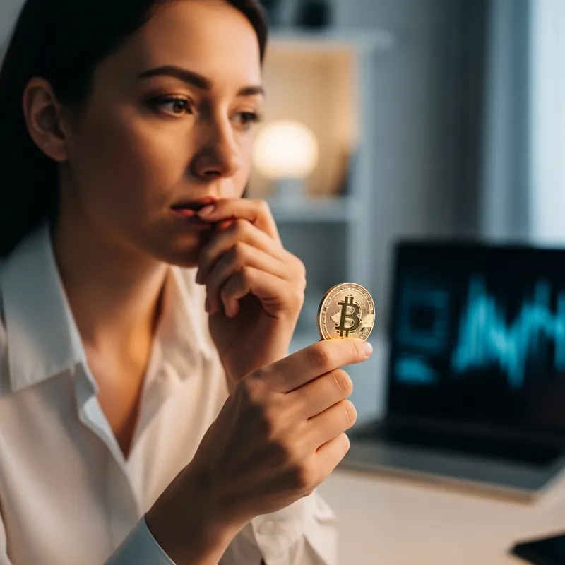 Thoughtful Woman Holding Bitcoin - Crypto Insights
