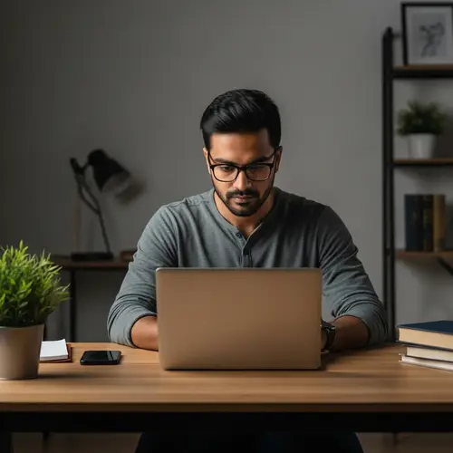 Professional South Asian Solopreneur Working Late at Modern Home Office