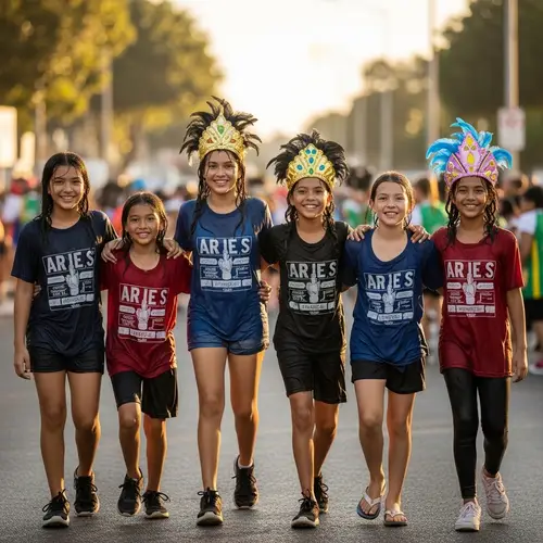 Dynamic Energy Parade: Diverse Girls in Carnival Costumes
