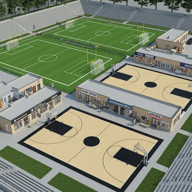 Modern Sports Complex with Football and Basketball Facilities