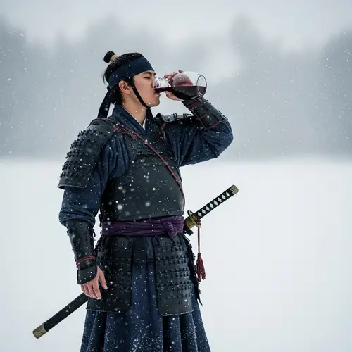 Asian Warrior in Snowfall Holding Wine Jug | Tranquil Winter Scene