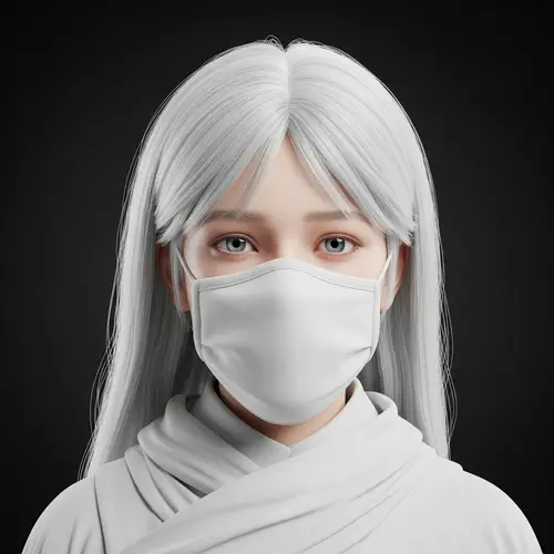 Caucasian Girl with Snowy White Hair | White Clothing & Mask