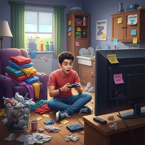 Teen Engrossed in Video Game Chaos | Digital Adventure Scene