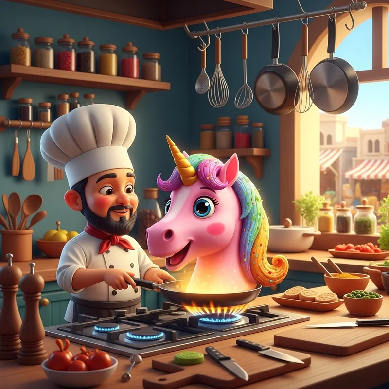 Young Chef Cooking Pink Unicorn Head in Frying Pan