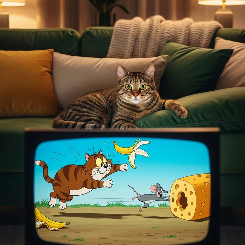 Cat Watching Tom & Jerry on Plush Sofa