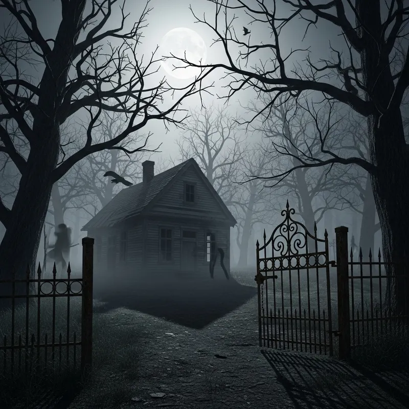 Eerie Forest at Full Moon: Abandoned House & Iron Gate