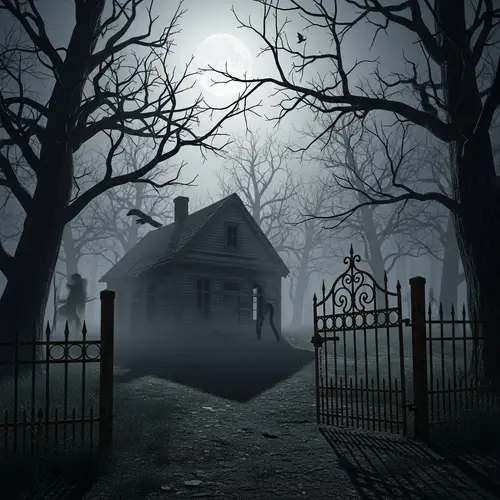 Twisted Forest Under Full Moon: Abandoned House & Wrought Iron Gate