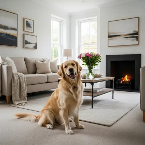 Fluffy Golden Retriever Dog in Cozy Modern Living Room