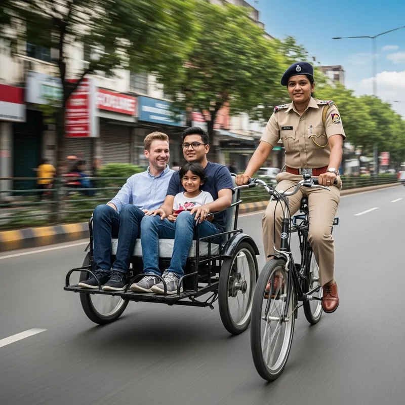 Diverse Passengers Enjoy Unique Street Ride with Female Police Officer Diverse Passengers Enjoy Unique Street Ride with Female Police Officer