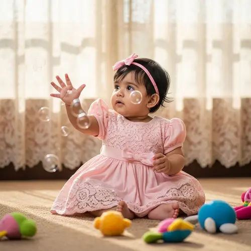 Adorable South Asian Baby Girl in Pink Dress Playing with Bubbles