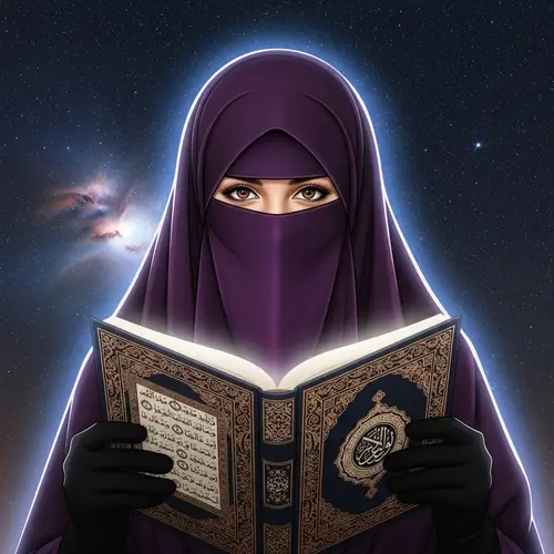 Beautiful Muslim Woman in Purple Niqab with Open Quran