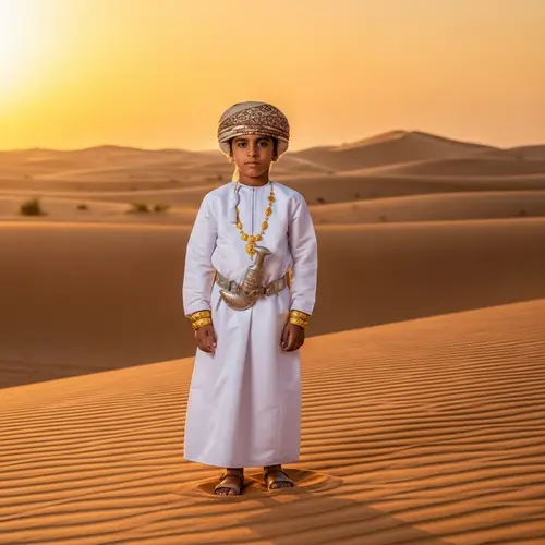Traditional Omani Boy's Attire in Desert at Sunset