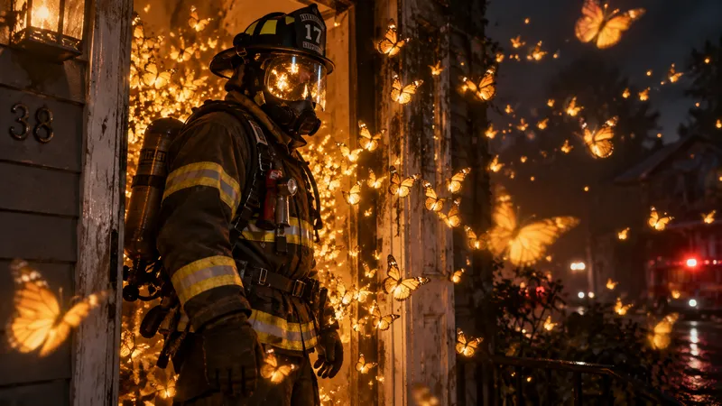 Firefighter Surrounded by Glowing Butterflies Firefighter Surrounded by Glowing Butterflies
