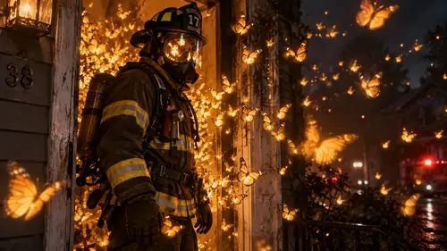 Firefighter Surrounded by Glowing Butterflies