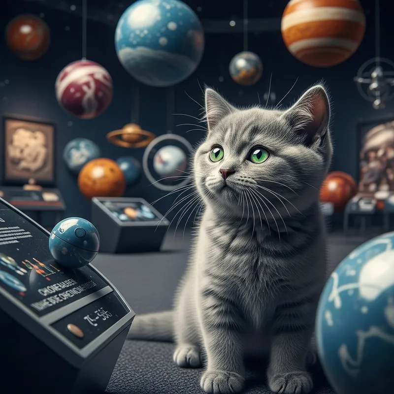 Hyperrealistic Scene: Grey British Shorthair Kitten in Space Museum