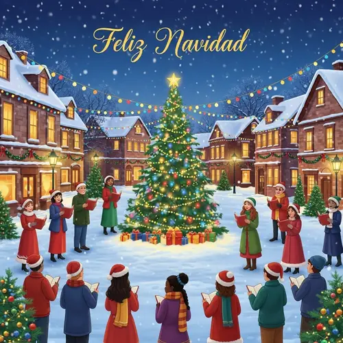 Festive Christmas Card with Snow-Covered Town & Carolers