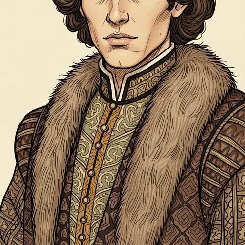 Detailed Illustration of Man in Period Clothing with Fur Component