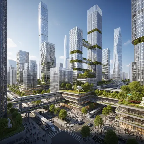 Futuristic Skyscrapers & Green Spaces Cityscape