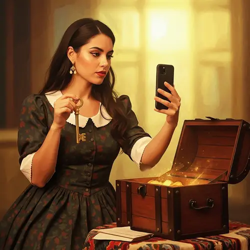 Vintage Beauty with Golden Key by Open Treasure Chest