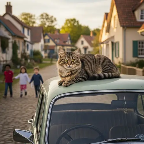Fluffy Cat on Rustic Car in Charming Village