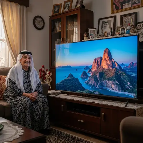 Joyful Middle-Eastern Grandmother in Cozy Living Room with Large Modern TV