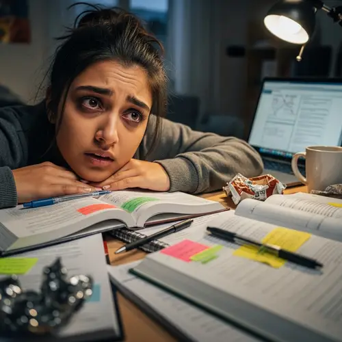 Stressed University Student Deep in Study | Realistic Artwork