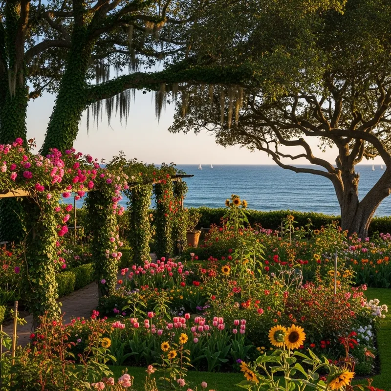 Serene Oceanfront Garden with Colorful Flowers