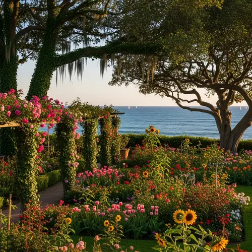 Tranquil Garden Oasis with Vibrant Flowers & Ocean Views