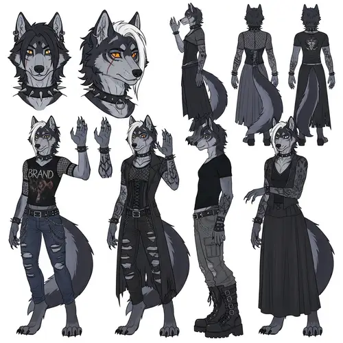 Full-Body Anthropomorphic Wolf Reference Sheet in Alternative Goth Aesthetic
