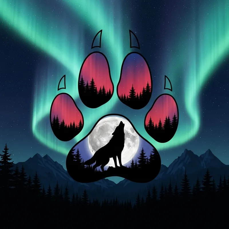 Paw Print with Howling Wolf Silhouette and Aurora Borealis Drawing