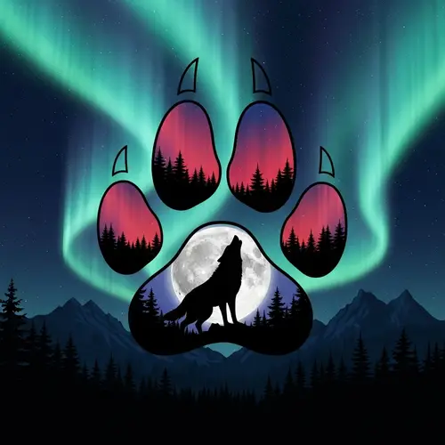 Paw Print with Howling Wolf Silhouette and Aurora Borealis