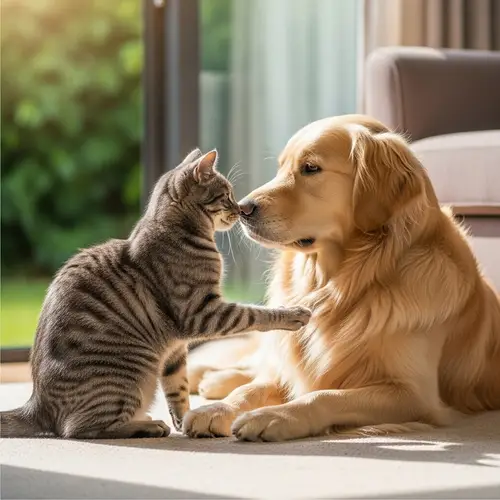 Grey Tabby Cat and Golden Retriever - Heartwarming Friendship