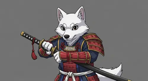 Cute White Humanoid Wolf Samurai Warrior Art