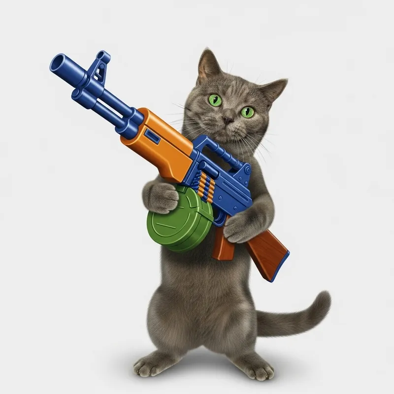 Whimsical Cat with Oversized Machine Gun Art