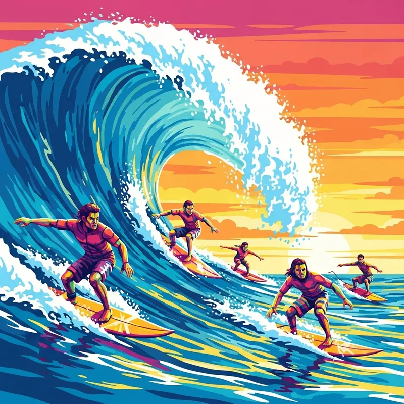 Diverse Maori, Phillipines, Vietnamese & Polynesian Surfers in Pop Art Wave