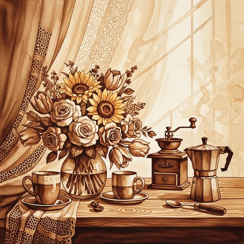 Coffee Painting: Blooming Flowers Artwork with Espresso Aroma