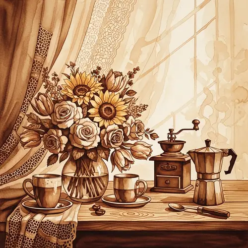 Coffee Stain Artwork: Blooming Flowers on Wooden Table