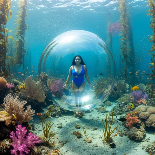 Hispanic Woman in Swimsuit Submerged in Underwater Bubble