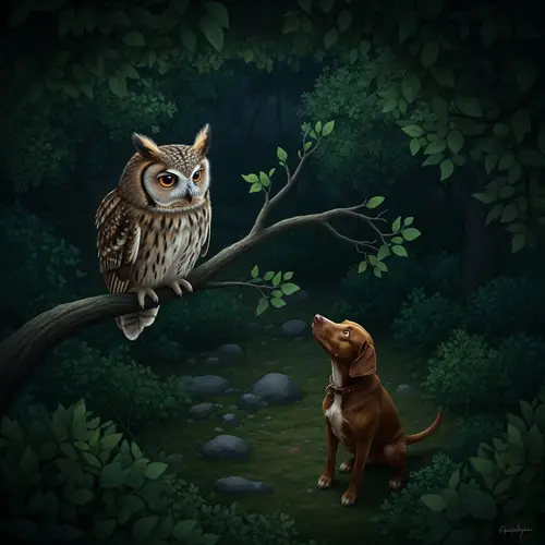 Aerial View of Grumpy Owl and Lost Dog in Dark Forest