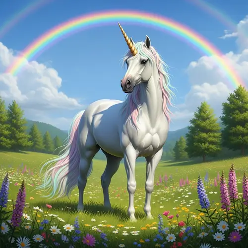 Majestic Unicorn in Lush Meadow | Rainbow Background