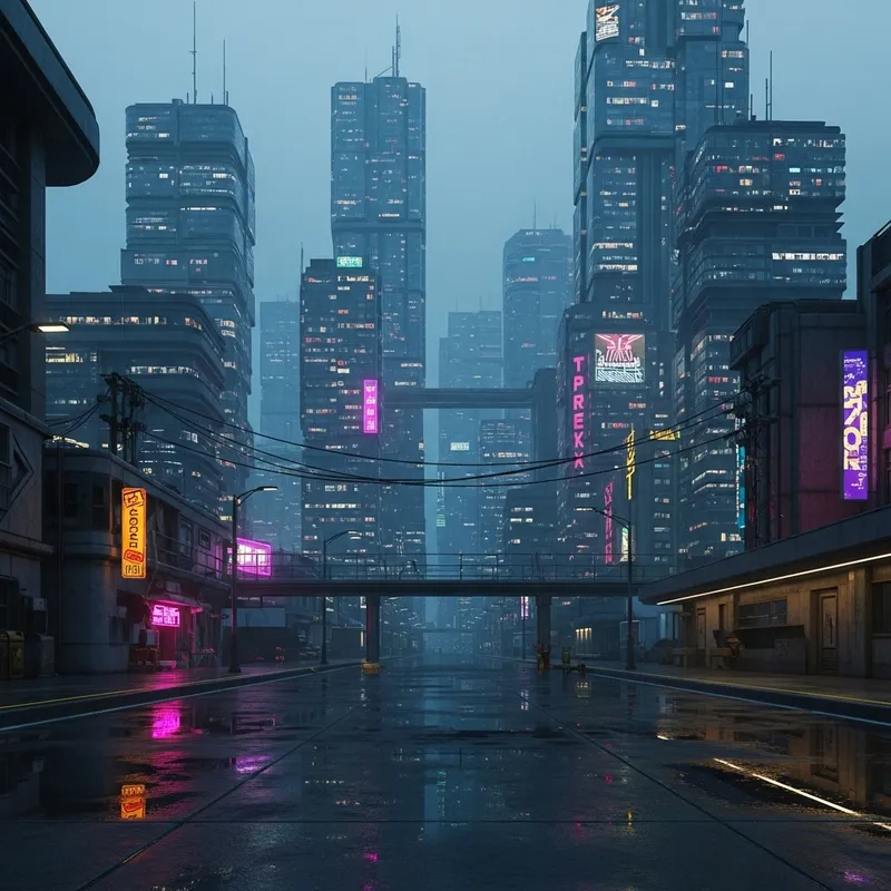 Cyberpunk Futuristic Cityscape at Dusk with Neon Lights Reflection